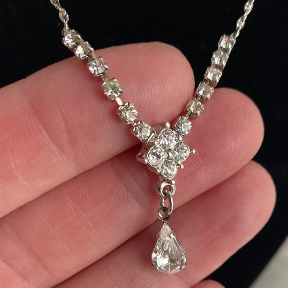 Vintage Art Deco Jewellery Set Silver And Rhinestones Drop Necklace And Earrings